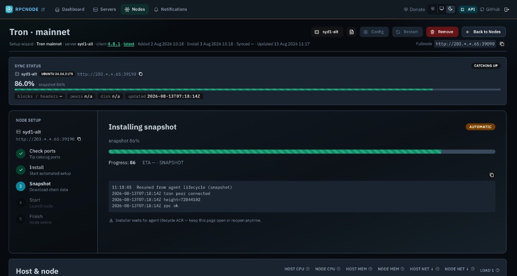 RpcNode panel — TRON mainnet sync and NODE SETUP snapshot step