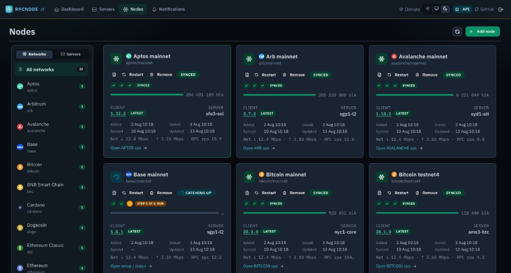 RpcNode panel — Nodes list with sync status, client version, and RPC rps