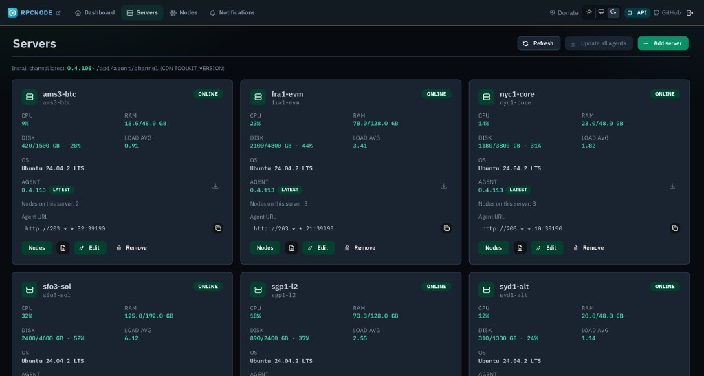 RpcNode panel — Servers grid with CPU, RAM, disk, and agent version